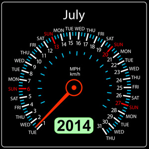 2014 年日历矢量的车速表车。7 月