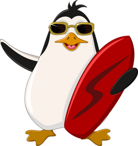 可爱的企鹅卡通控股冲浪板照片