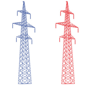 高低压电力线路的剪影。矢量插画