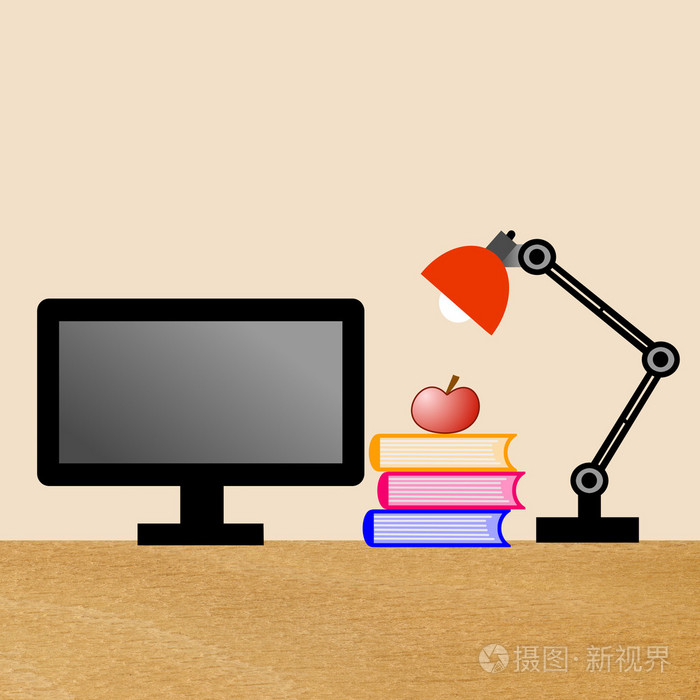 阅读灯, 电脑, 三书和一张桌子上的苹果