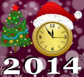 时钟与一个新年的上限，由一棵枞树装饰和符号 o
