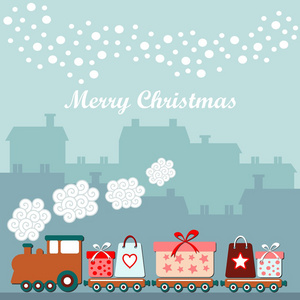 可爱的圣诞卡片，用火车，礼品，冬季房屋，飘落的雪花，矢量图背景