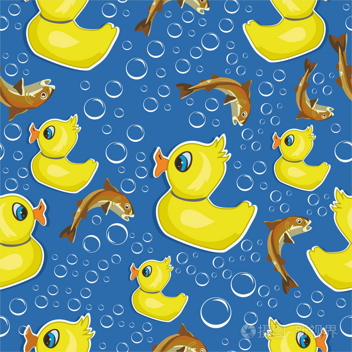 鸭子和鱼在蓝色的背景图案