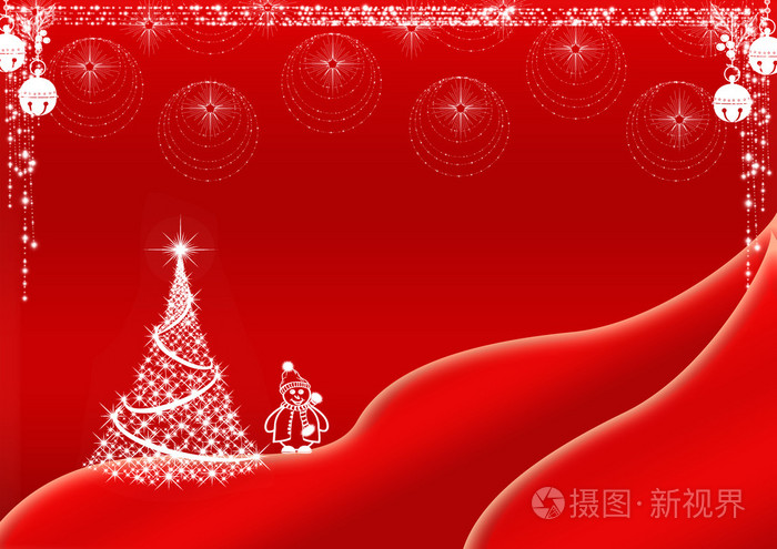 红色圣诞背景设计与白色圣诞树和雪人