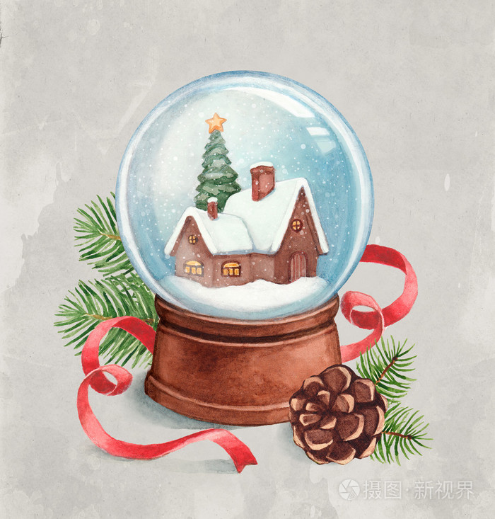 水彩插图的雪花玻璃球