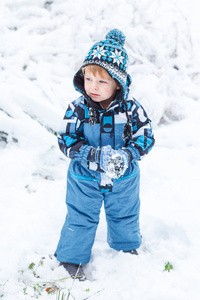 可爱的小孩男孩在冬季一天玩雪