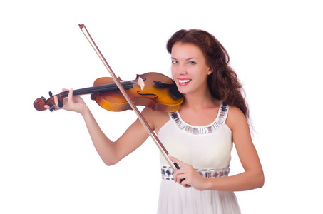 年轻的女孩，用白底的小提琴