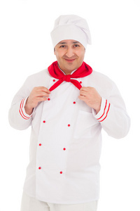 身穿红色和白色制服的快乐厨师