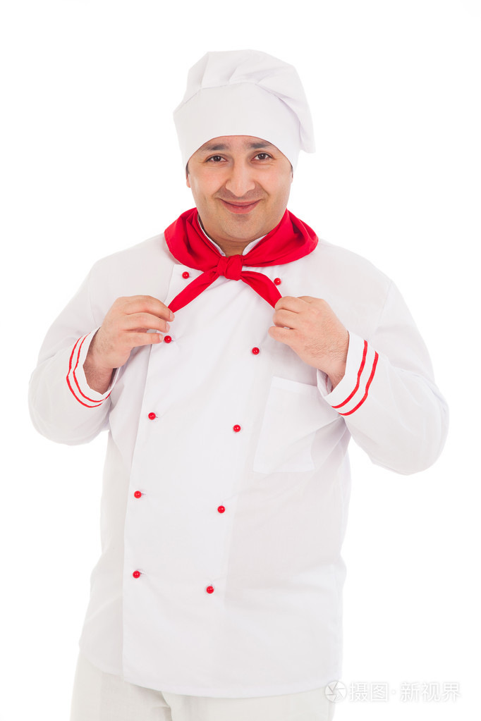 身穿红色和白色制服的快乐厨师