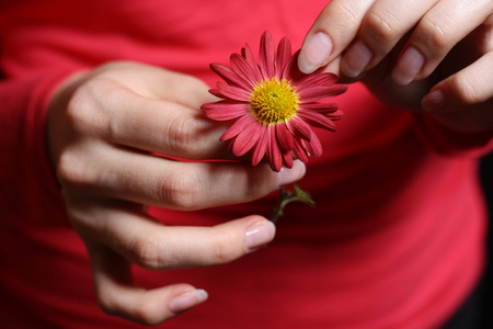 女人泪从红色的花的花瓣的图片