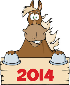 看着空白的木标志与数字 2014年匹棕色的马
