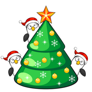 三个企鹅和圣诞树