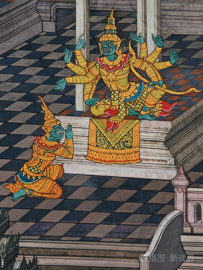 在曼谷,泰国的寺庙墙上的传统泰式风格绘画艺术的杰作