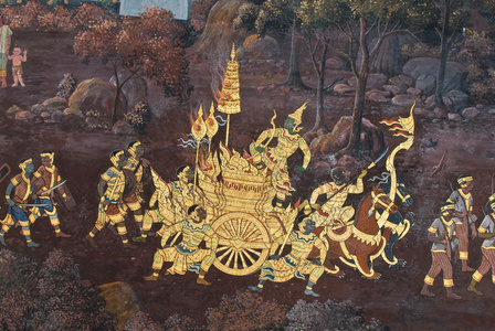 在曼谷，泰国的寺庙墙上的传统泰式风格绘画艺术的杰作
