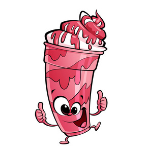 快乐的卡通草莓奶昔编造一个大拇指