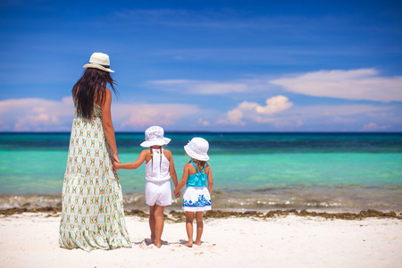 在阳光明媚的一天后的时尚年轻的母亲和两个视图她的孩子们在异国海滩