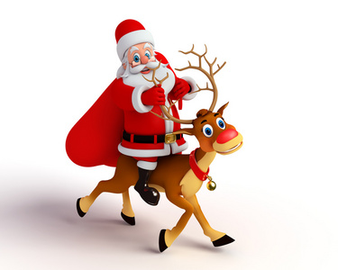 圣诞老人与礼物袋和驯鹿