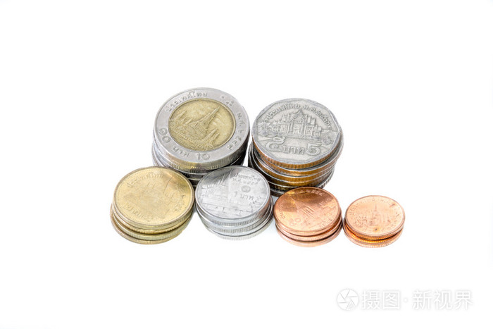 泰国纸币和硬币白上孤立
