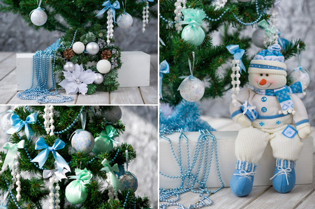 圣诞树和装饰品在蓝色和薄荷
