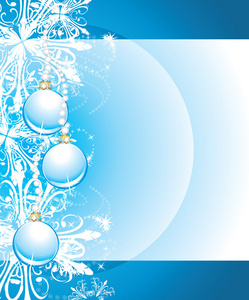 雪花在蓝色背景上的闪亮圣诞球。