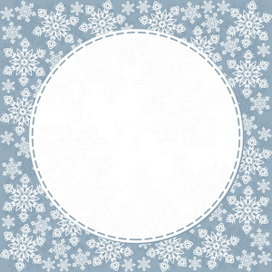 微妙的混乱雪花冬季假期白色无缝模式元素在蓝色背景与圆形白色缝合框架与地方为您的文本冬天假日卡邀请背景