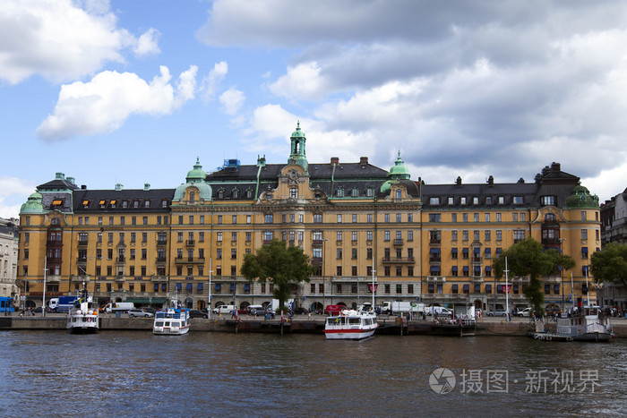 斯德哥尔摩，瑞典。典型的斯堪的纳维亚的体系结构的详细信息。滨水区
