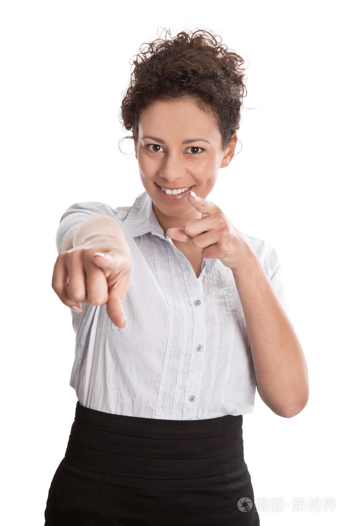 快乐的年轻人,孤立的商人指用手指-微笑