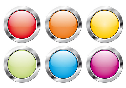 在各种颜色的六个光泽按钮设置