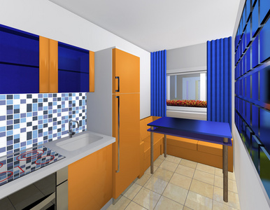 厨房里的蓝色和橙色的模型