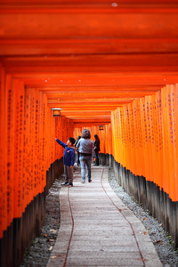 在京都的伏见 inari 寺著名明亮橙色牌坊门日本