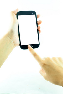 在白色的背景   女性手的触摸屏手机女手捧着现代的触摸屏手机白屏