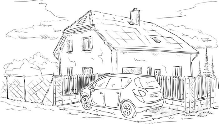 房子和汽车插画-正版商用图片1dv23o-摄图新视界