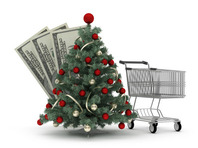 购物车和美元账单的圣诞树图片