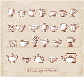 老式的茶杯和茶壶的草图
