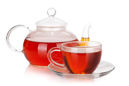 玻璃杯子和红茶茶壶