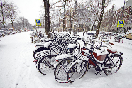 覆盖着雪的冬天在荷兰的阿姆斯特丹