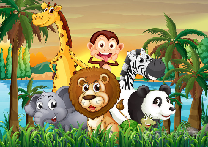 一群动物在河岸边的椰子树