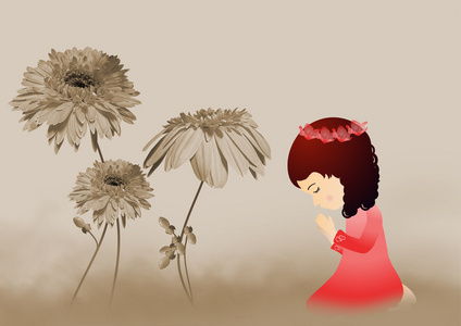 跪着祈祷的女孩图片