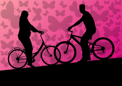 活跃的年轻家庭自行车自行车骑手活跃的运动 silhoue