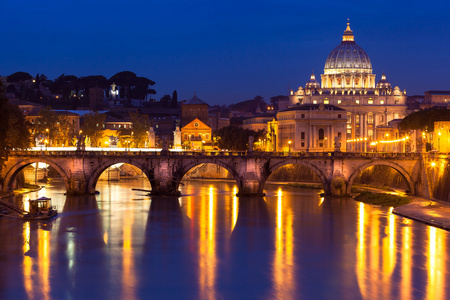 在罗马，意大利全景夜梵蒂冈城的视图