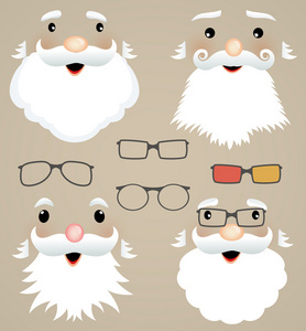 设置的圣诞节面具。圣诞老人，眼镜，时髦样式