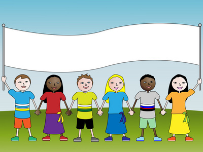 幼儿画美丽天空儿童与横幅照片