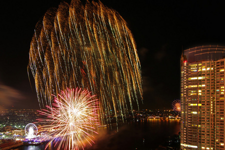 快乐的新年烟花夜景 曼谷城市景观河六