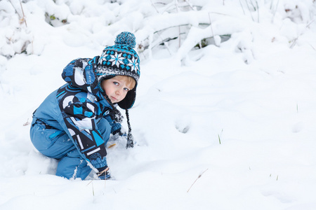 可爱的小孩男孩在冬季一天玩雪