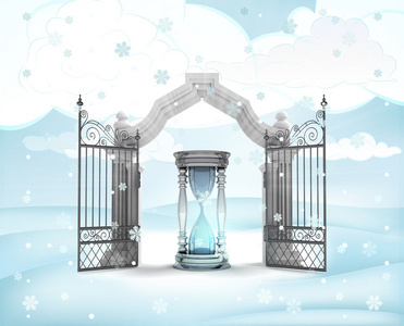 圣诞大门入口与砂玻璃倒计时在冬季降雪