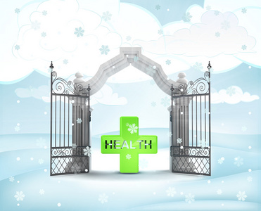 圣诞大门入口与健康十字架在冬季降雪