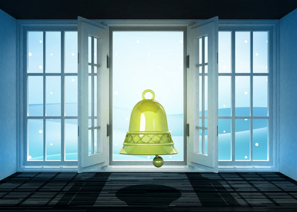 打开门,贝尔和冬季景观场景后面照片