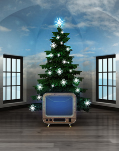 在闪闪发光的圣诞树下的复古电视天工开房