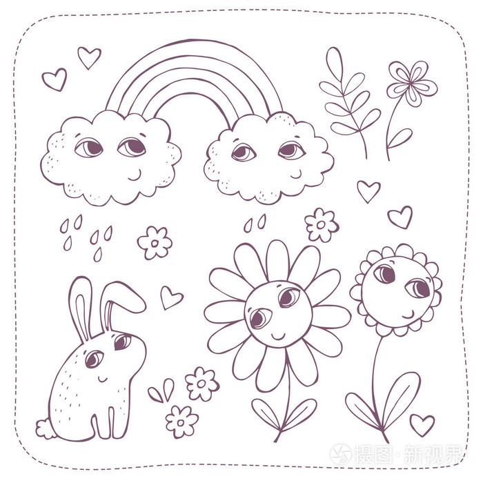 矢量手绘制孤立的元素: 可爱的兔子, 云, 彩虹, 花和心插画-正版商用