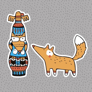 有趣的动物 美洲印第安人图腾和狐狸插画